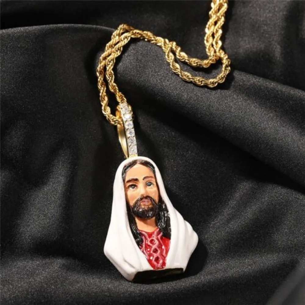 New Trendy 3D Iced Enamel Jesus Face Charms Pendant Necklace Rapper Jewelries Enamel Religious Diamond Jesus Pendant