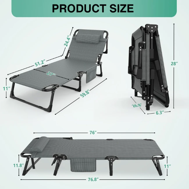 ZDC-11 5+2 Positions Adjustable Reclining Folding Camping Cot Sleeping Bed Cots for Adults Outdoor Portable Chaise Lounge Chair