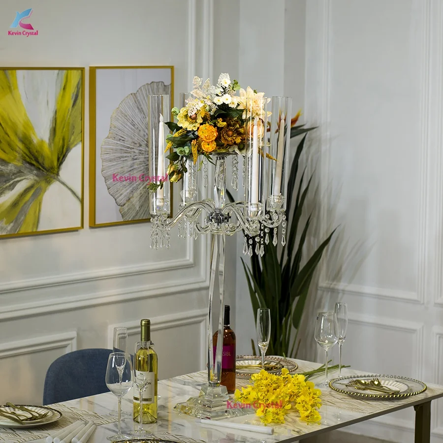 K-1156 tall wedding table crystal candelabra centerpiece 5 arms wedding candelabra centerpiece