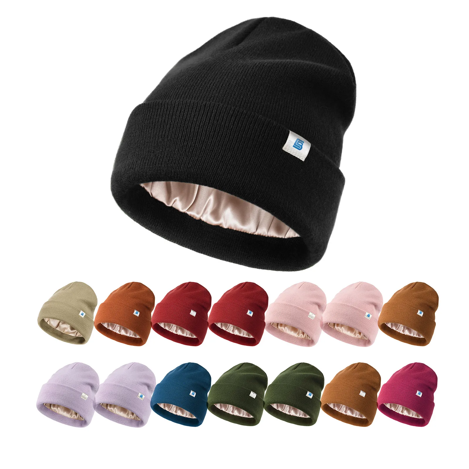 Winter Satin Lined Hats Knitted Beanies With Detachable  Fur  Silk Lining Winter Stretchy Warm Beanie