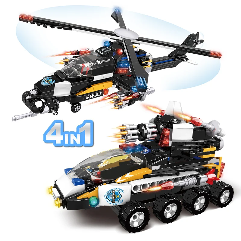WOMA TOYS Model Construction Toy Set Kids City Police Helicopter SWAT Team Car Fighting Submarine ABS Plastic Building Game