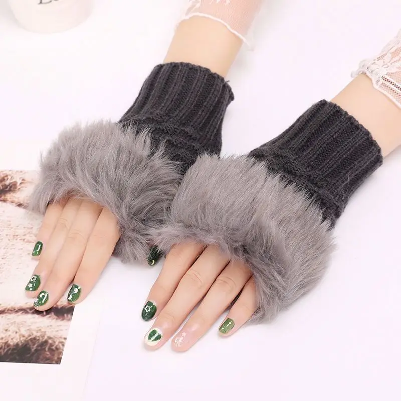 Women Fingerless Wrist Gloves Cute Faux Rabbit Fur Knitted Gloves Winter Thick Warm Knitted Warmer Driving Outdoor Mitten