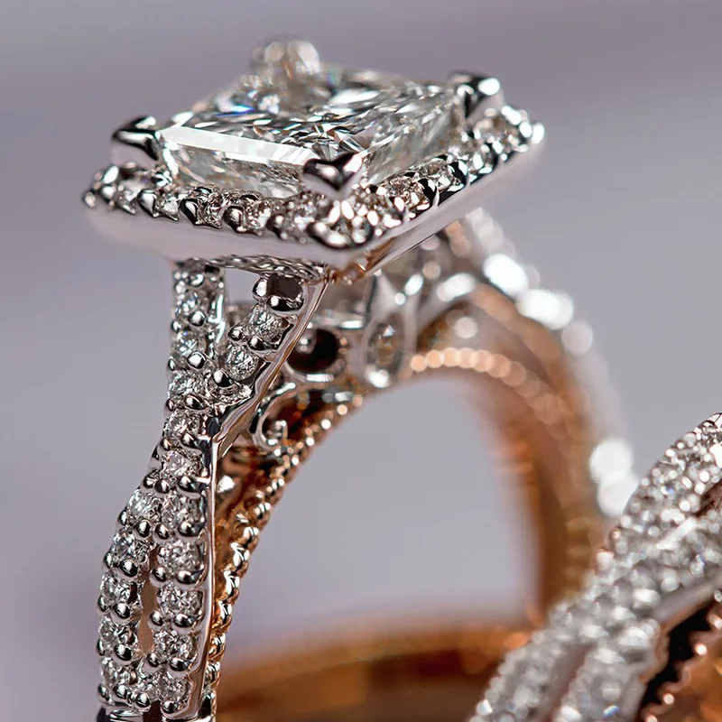 Weddings Three Piece Sparkling Square Zircon Matching Rings Couple Classic Dubai Design Rose Gold Ring Set