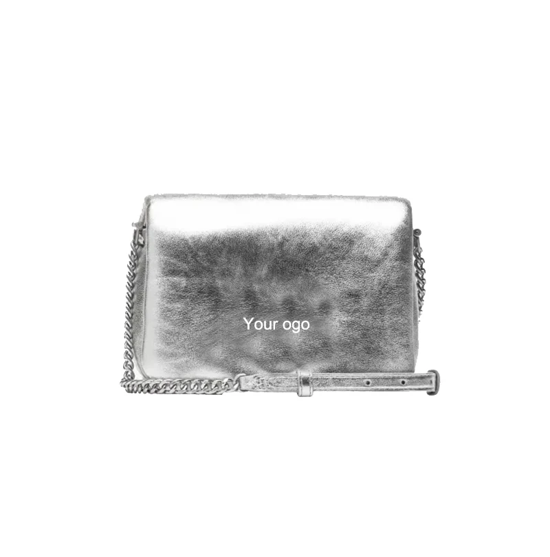 ODM branded Soft Nappa Leather hand bag purse High quality Pink Metallic silver Puff Italian leather Girls Crossbody bag