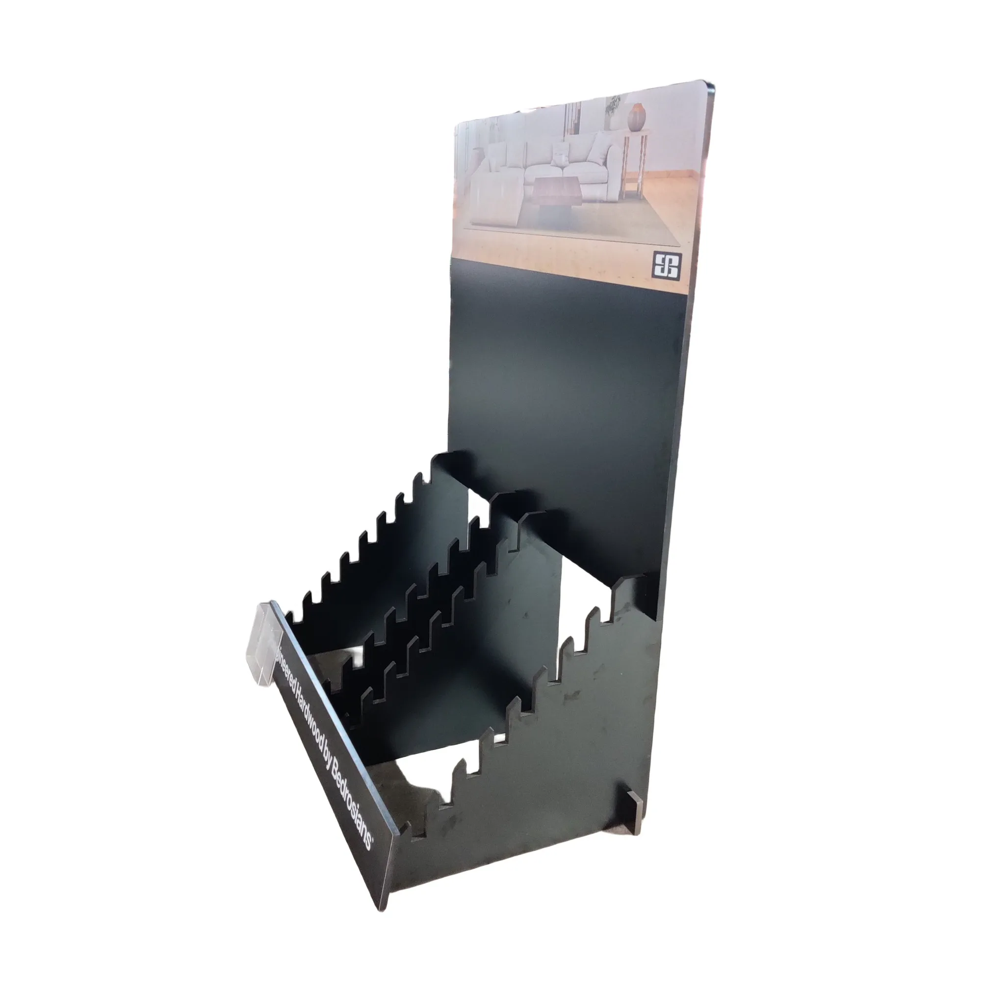 Provide Custom Design 1500 mm Wide Black Double-row Wood Floor Vinyl Sample Board Display Stand With Acrylic Brochure Holder