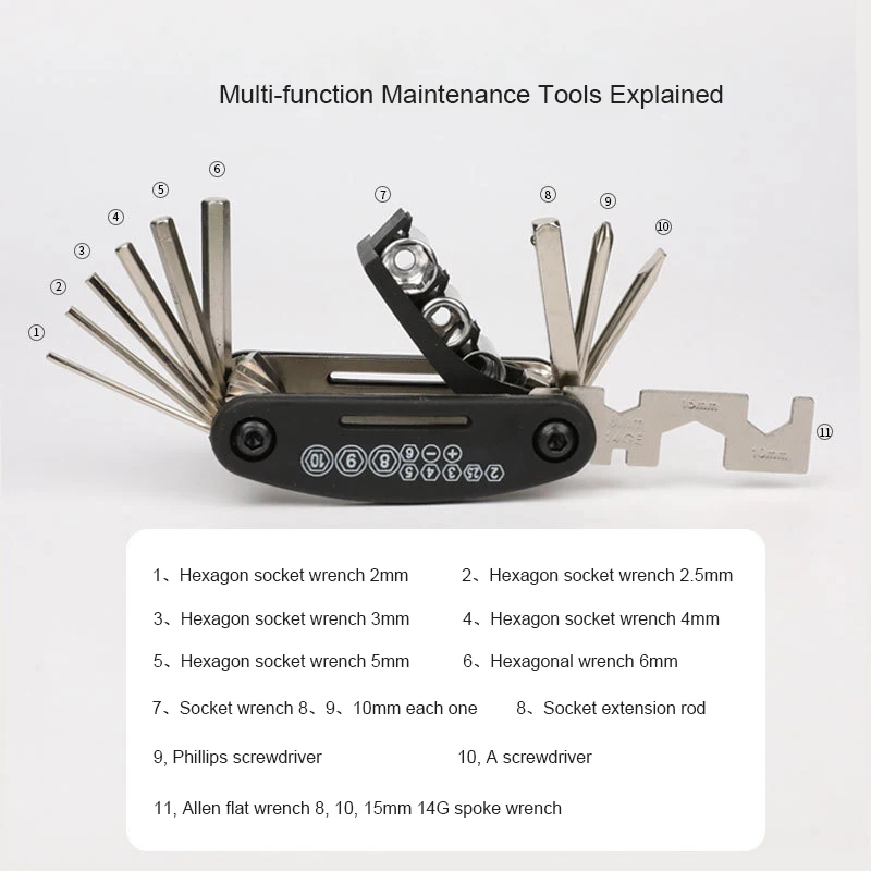 16-in-1 Multi-Usage Bike Bicycle Repair Tool Kit Hex Wrench Nut Tire Repair Hex Allen Key Screwdriver Socket Extension Rod