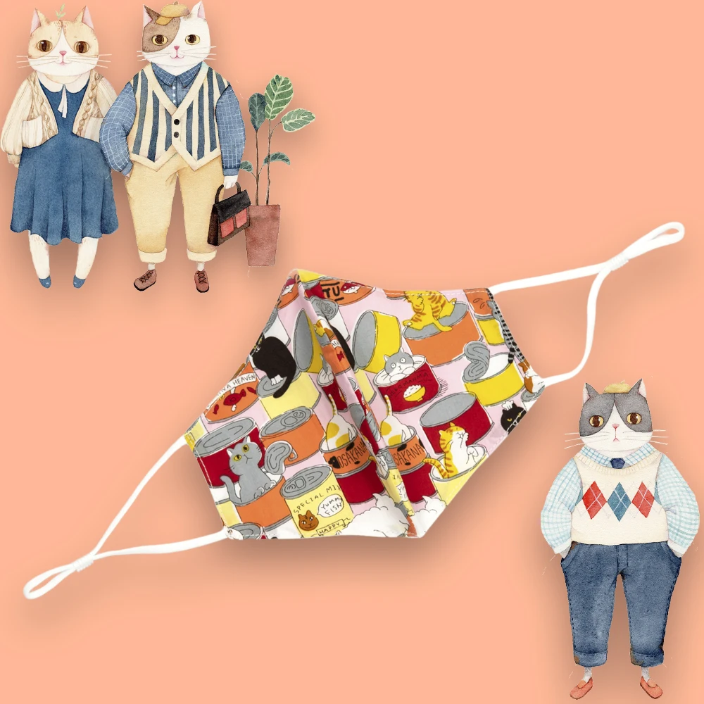 New Multi Colors Daily Breathable Adult Woman and Men Washable Cute Cat Design Cloth Reusable Fashion 100% Cotton Party Masks