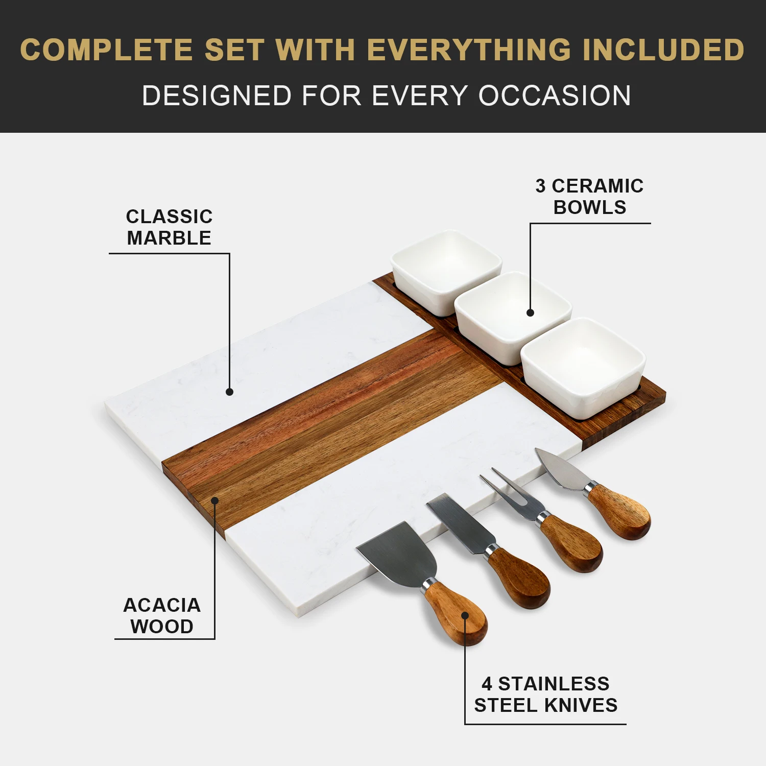 GL Custom Charcuterie Board Serving Tray Acacia Wooden Marble Cheese Board Set And Knife Set With Utensils Set