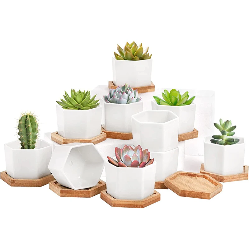 Wholesale Modern White Decorative Garden Mini Humanoid Porcelain Ceramic Flower Pot with Bamboo Tray Succulent Plant Pots