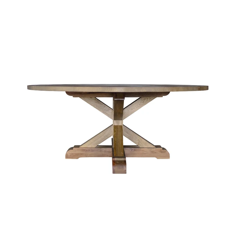 Vintage Rustic Reclaimed Round Pedestal Extendable Oak Wood Dining Table