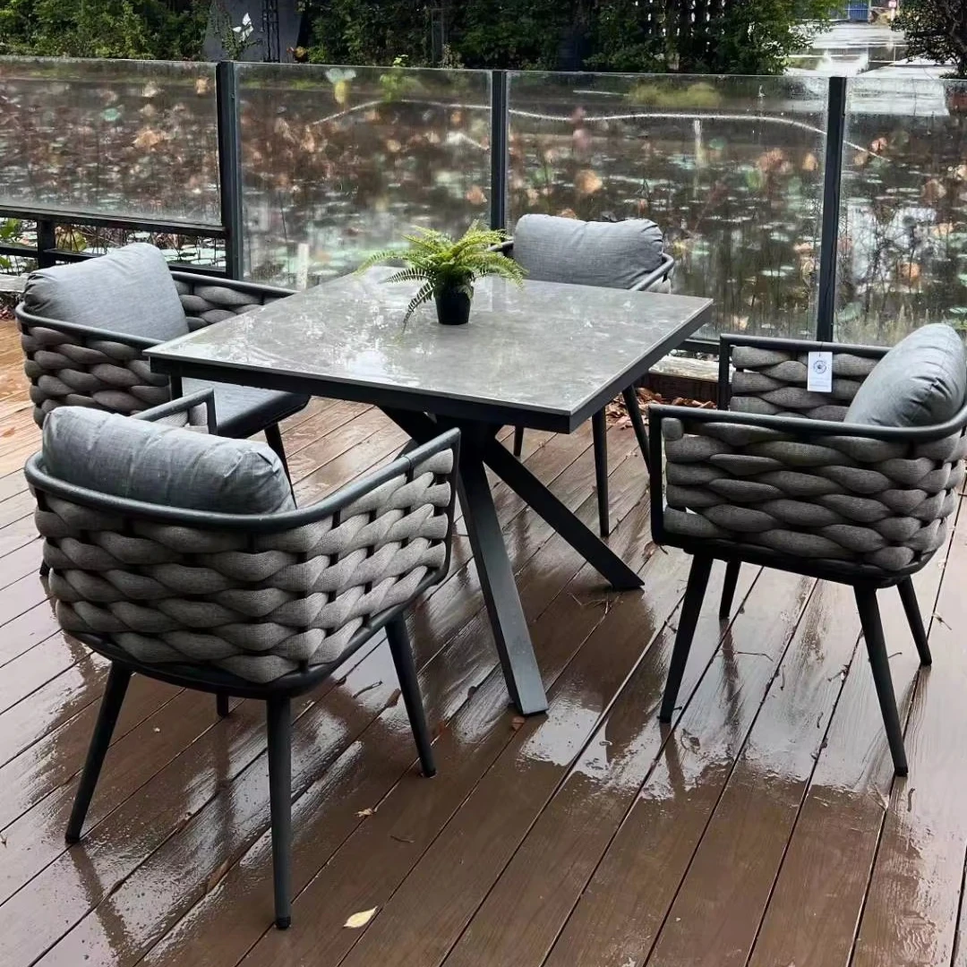 waterproof sintered stone aluminum round square 4 people outdoor dining table set rattan rope chair patio garden furniture