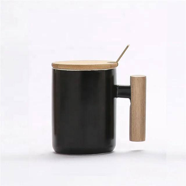 gift box porcelain coffee mug ceramic cup with wooden handle wooden lid and metal spoon capacity 400ml ceramic cup set