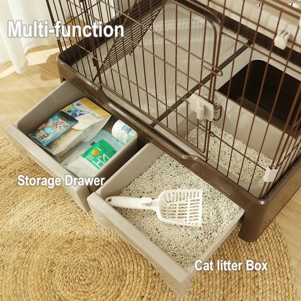 Top Seller Indoor Large Moving Wheels 3 Level Cat House Playpen Cage With Litter Box And Storage