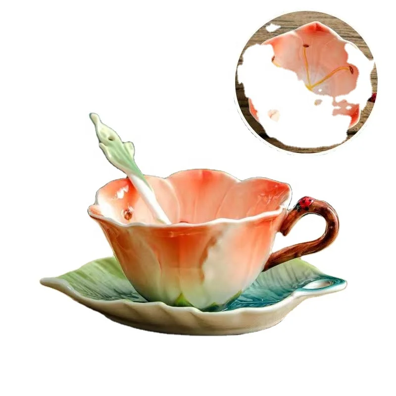 3D flower shape ceramic cup and saucer with spoon for welding party or tea time