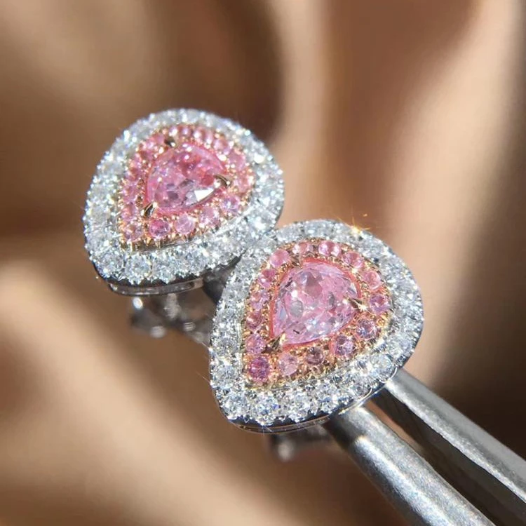 18 carat 18K AU750 Wholesales Pear Cut Pink Diamond Stud Earrings Jewelry