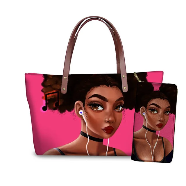 
Women Handbag Black Afro Girls Printing Handbags&Purse for Ladies 2pcs set Shoulder Totes Females Summer Beach Bags 