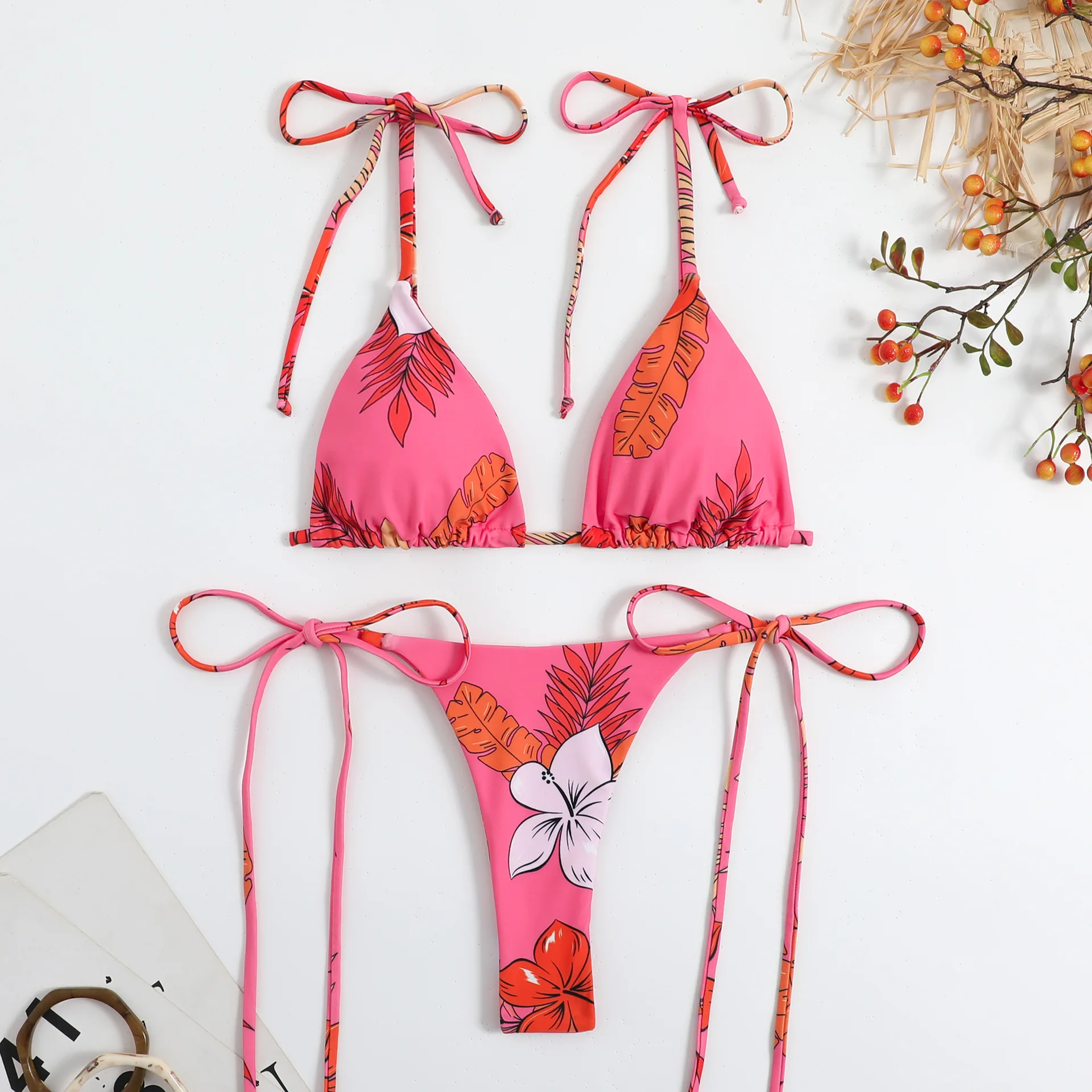 Multicolor Two Piece Bright Floral Print Bikini Halter&Lace Up Triangle Thong Swimsuit For Women