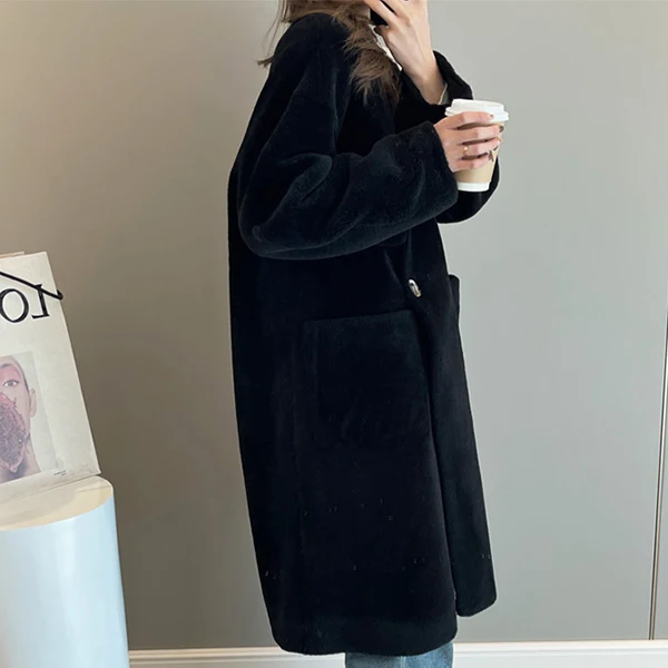 Manufacturer Women V Neck Coat Double Korean Fashion Fur Jacket Woolen Shearing Sheep Fur Loose Fit Winter Long Coat