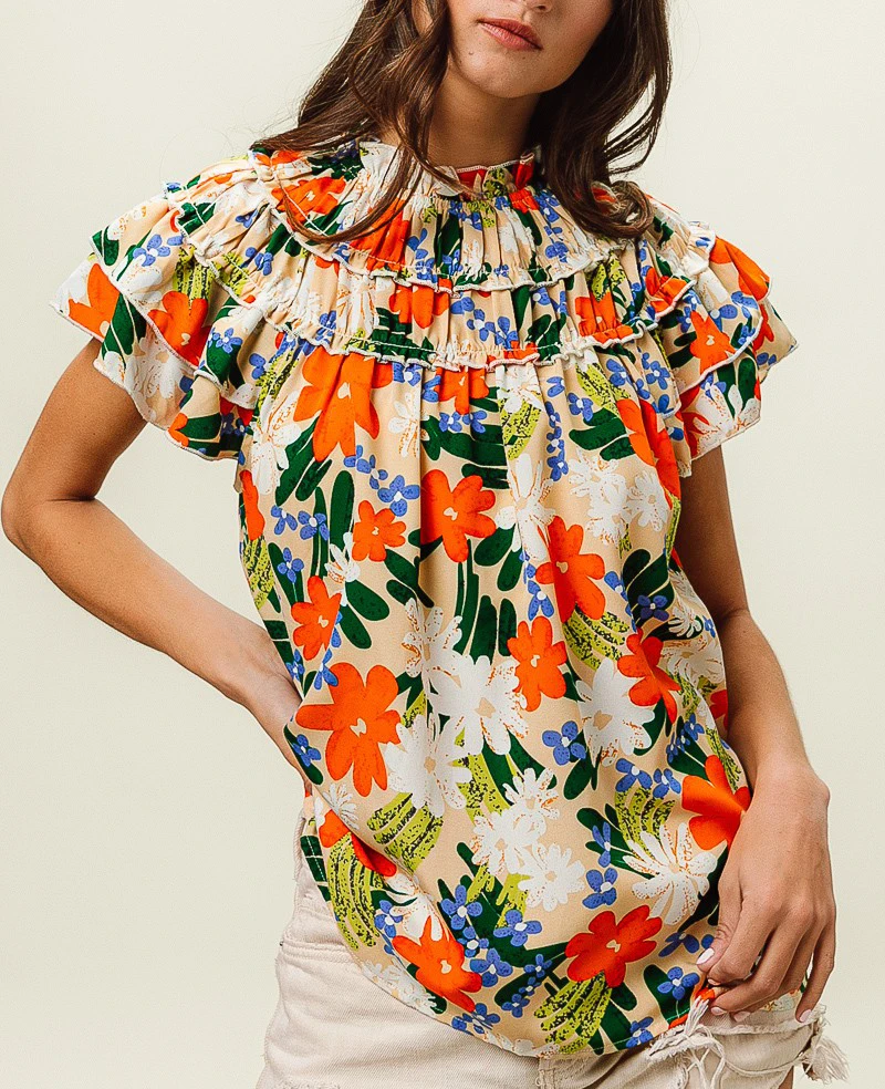 Loveda Custom Multi Color Floral Print Woven Blouse Tiered Ruffles Stand Collar Cap Sleeve Top For Summer