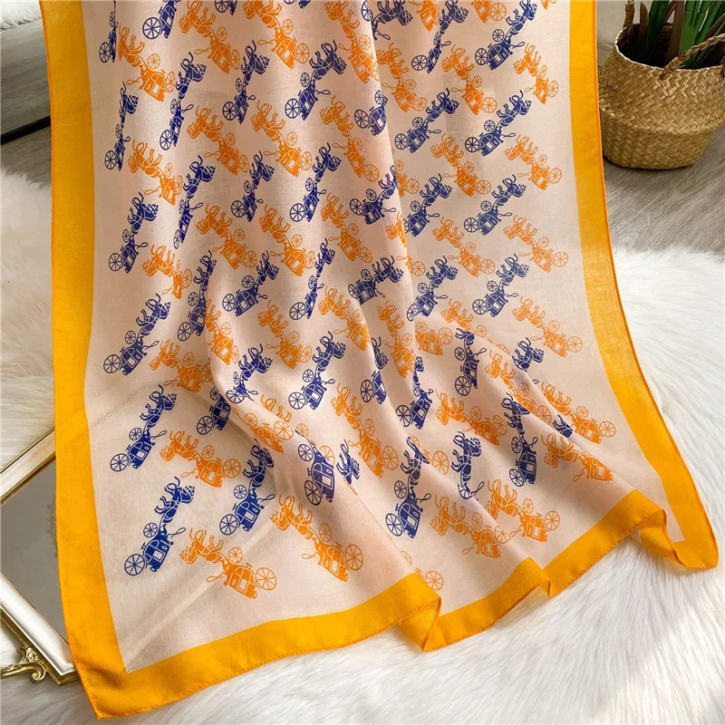 2022 Luxury Women Spring Fashion Horse Carriage Printed Designer Cotton Linen Shawl Scarves Hijab Long Scarf