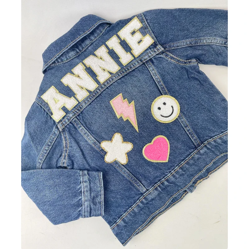 Girls Letter Patch Jean Jacket Personalized Chenille Letter Patch Denim Jacket Custom Chenille Name Jean Jacket