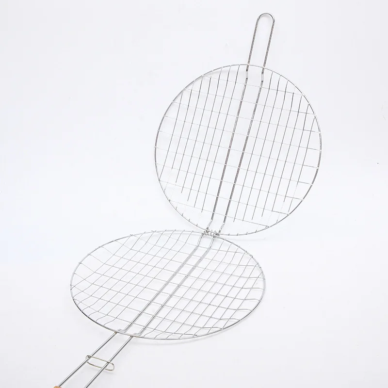 DAPHYLA Hot Sale Barbecue Accessories Stainless Steel Round Barbecue Grill Basket bbq Grill Wire Mesh Net With Wood Handle
