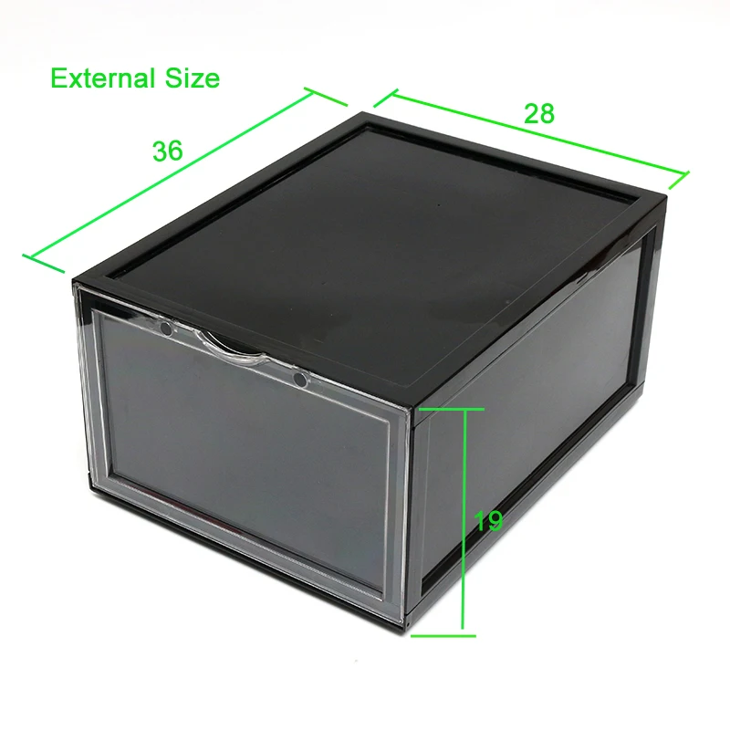 
Custom durable stackable removable black AJ injection plastic shoe Sneakers Storage box with clear front drop door 