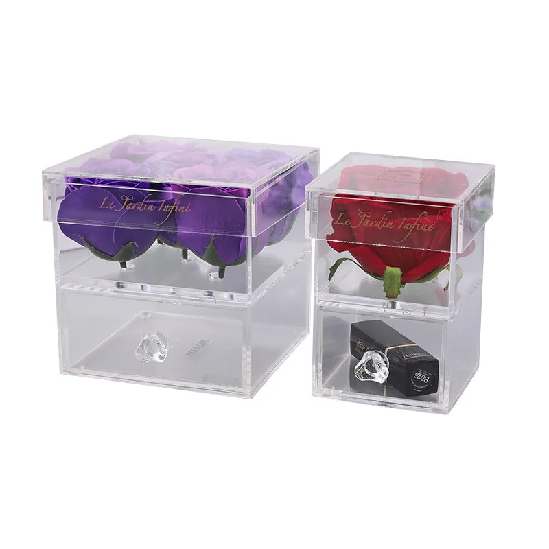 High Quality Waterproof Roses In Acrylic Box Gift Preserved Flower Acrylic Rose Box With Drawer Eternal Roses In Acrylic Box