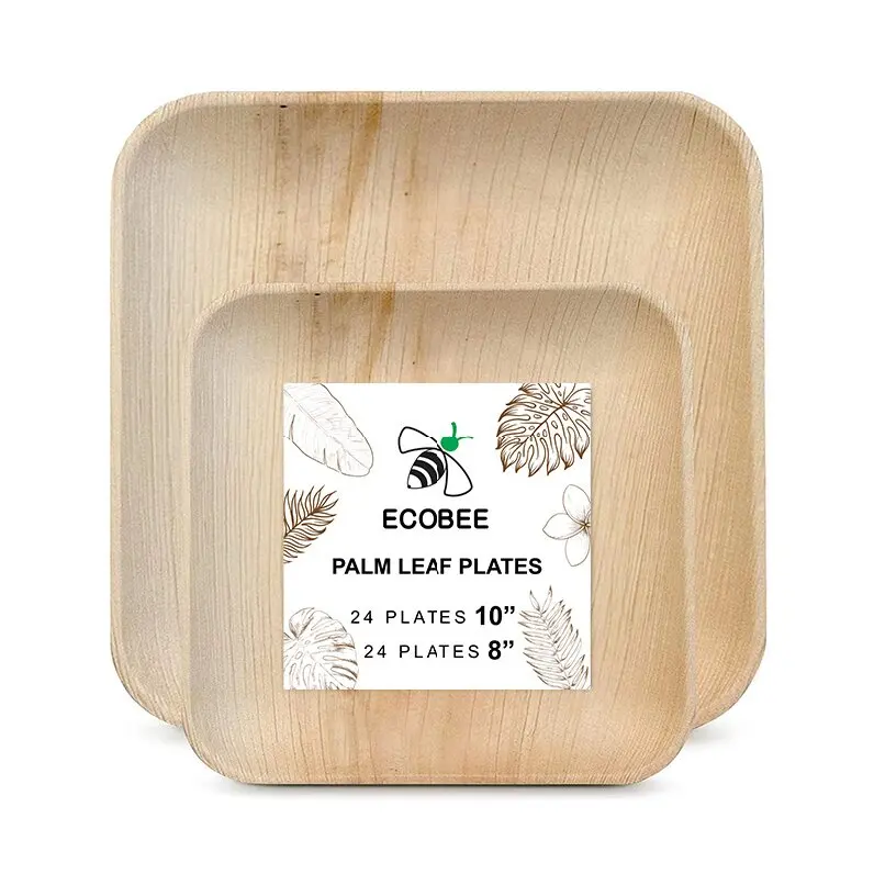 Biodegradable disposable Eco friendly natural compostable 7-8-9-10 inch 25-50pcs square areca palm leaf bamboo plates set