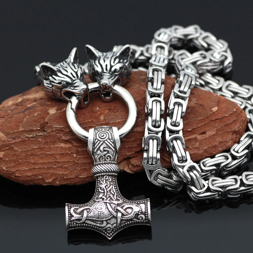 Viking Necklace Mens Vintage Wolf Head Mjolnir Thor Hammer Pendant Norse Jewelry Stainless Steel Emperor Chain Necklace