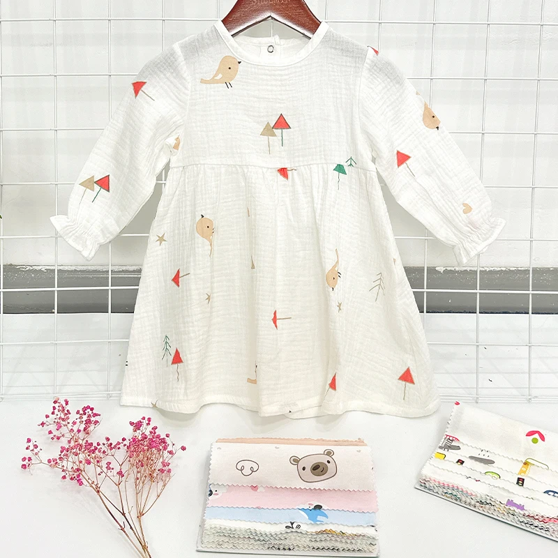 100%Cotton Double Layers Crinkle Crepe Printed Long Sleeve Children Girl Baby Dress