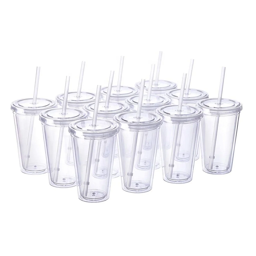 Custom logo 16oz 24oz reusable double wall clear skinny plastic water acrylic tumbler with straw
