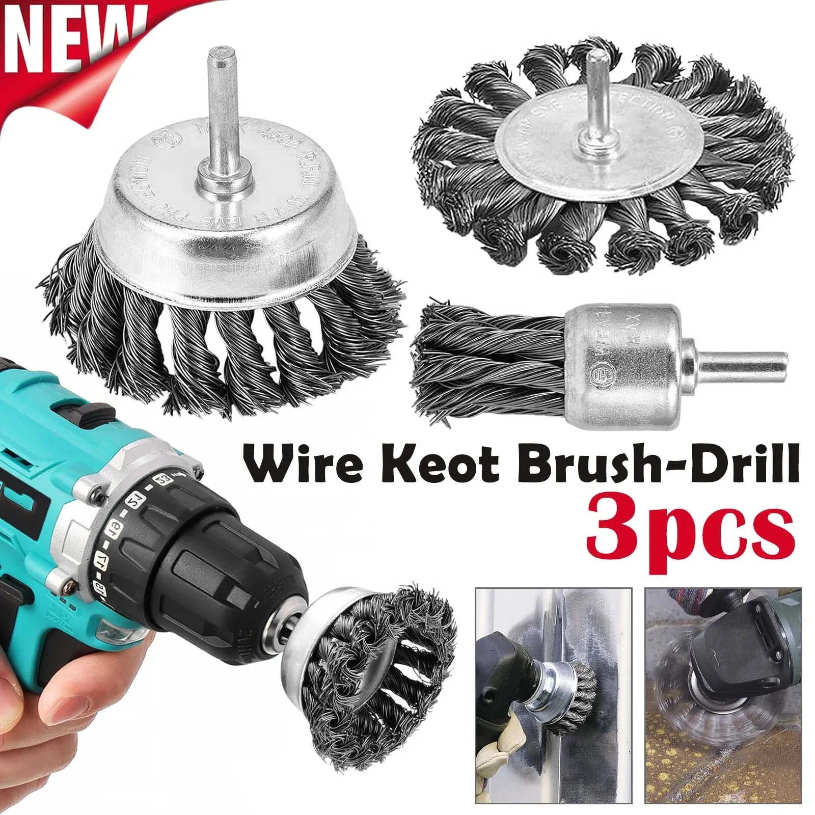 3x Rotary Steel Wire Brush Drill Attachment Cup Wheel Set Rust Removal Abrasive Tools Tool Set