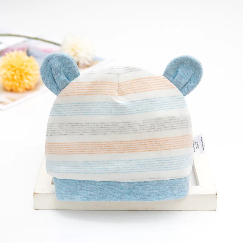 Детская зимняя шапка с ушками, дизайнерская Шапка-бини из органического хлопка для младенцев, осенне-зимняя шапка с милым медведем, Заплатанная полосатая шапка для младенцев