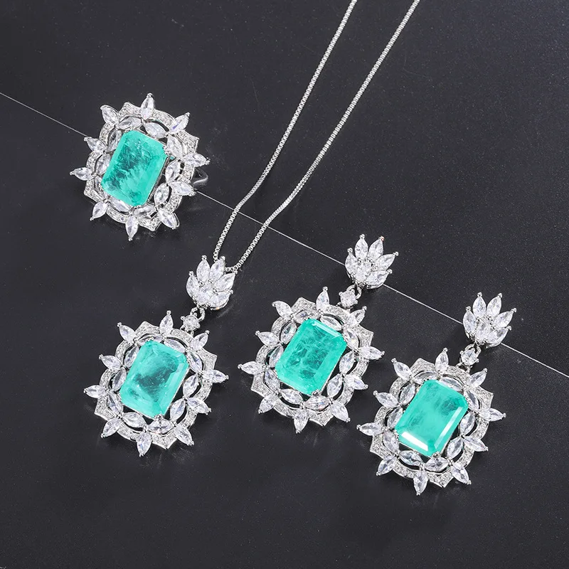 925 Sterling Silver /Copper Jewellery Sets Zircon Necklace Earring And Ring Women Bridal Wedding Fashion Jewelry Set For Girls