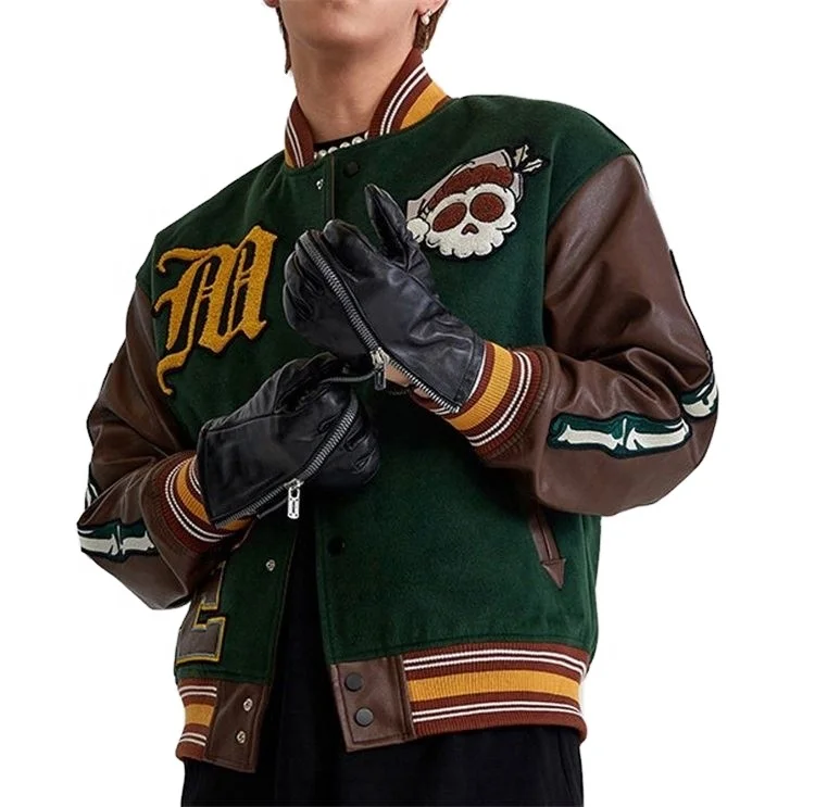 OEM custom vintage western world retro motorcycle skull print baseball bomber jacket for men