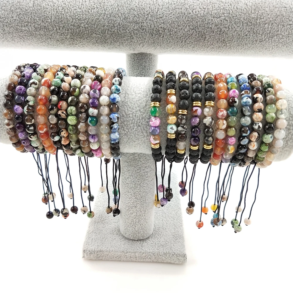 Fashion 6mm Natural Stone Elastic Beaded Bracelet Colored Fire Agate Lava Stone Woven Bracelet For Women Men