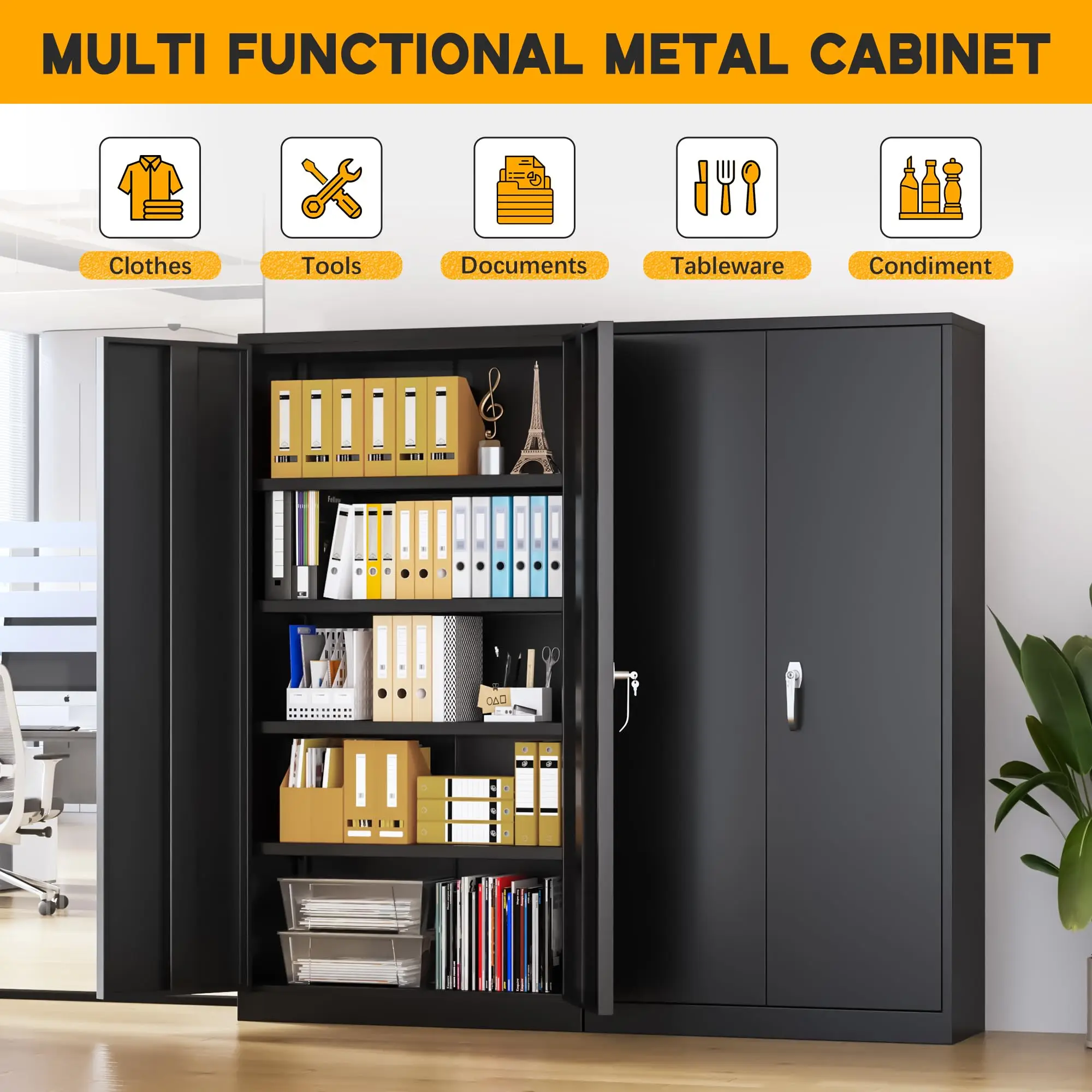 Metal Filing Cabinets 2 Doors 4 Adjustable Shelves Black Steel Lockable Storage Cabinets Safety Organizer File Cabinet