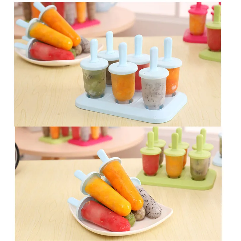 6 Cells Ice Popsicle Mold Plastic Ice Cream Mold Cube Tray with Lid Reusable Mould with Stick DIY Ice Lolly Mould