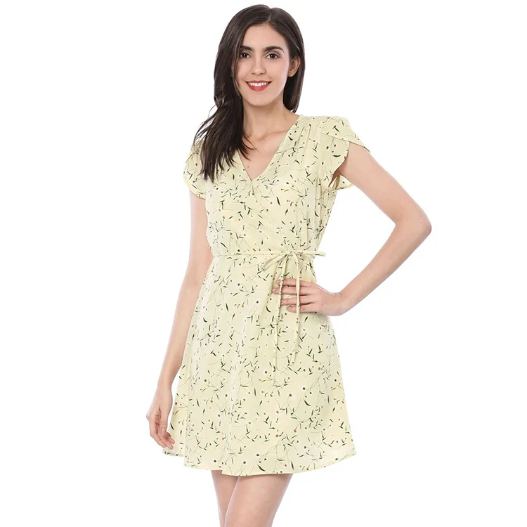 
Unique Bargains Women Floral Crossover V-neck Petal Sleeve Floral Dress 