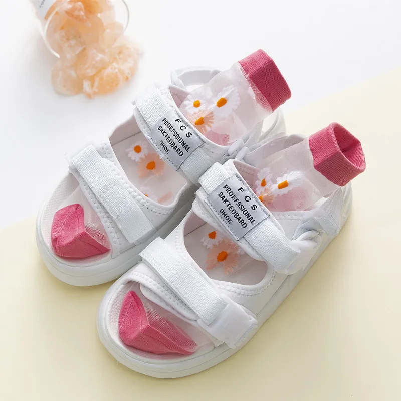 Summer fashion super bright silk japanese small daisy custom sock glass-fiber thin high quality women girls Transparent socks