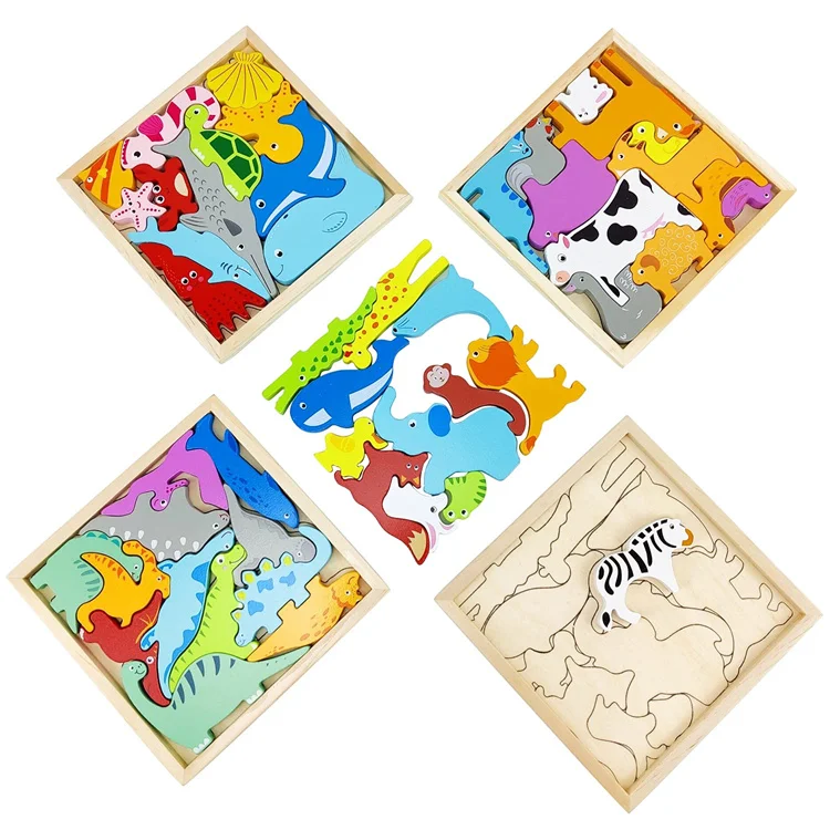 Wooden Animal Wooden Jigsaw Puzzle 3D Puzzle Board Portable Educational Scratch Board Jigsaw Puzzle For Kids