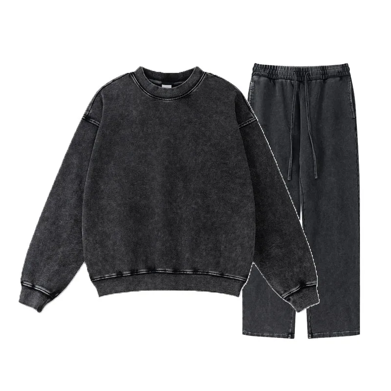 Custom Logo Printing Sweatshirts High Quality 100% Cotton Acid Wash Oversized Sweatshirts And Sweatpants Set For Men