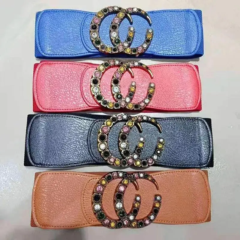 Ladies Luxury pearl buckles brand designer Stretch Waist Women Elastic Belt