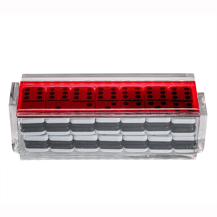 Double Six Acrylic Dominoes Set Professional Two Toned Lucite Black White Dominoes Tiles With Spinners And Rack