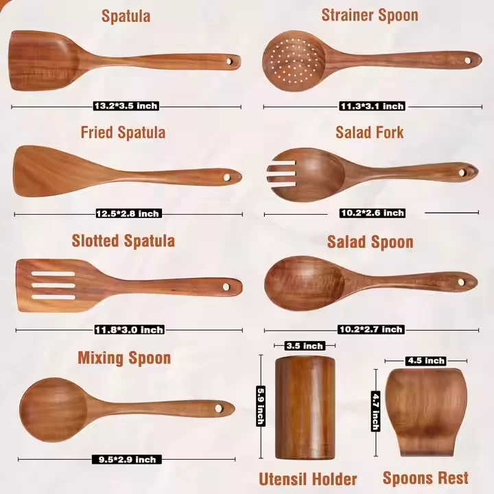 Natural Teak Wooden Cooking Set Kitchen Utensil Long Handle Restaurant Bamboo Spoon Acacina Wood Soup Spoons Wooden Utensils Set