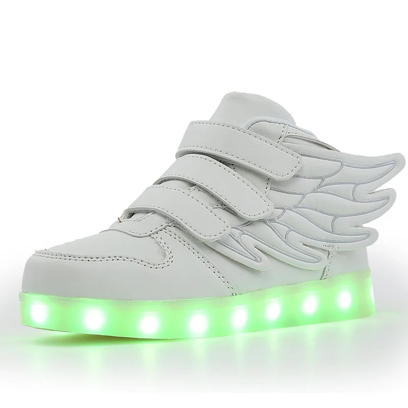 TX cheap price LED sole USB charge flying wing white casual skateboard sneaker  hoop&loop boy shoes children kid