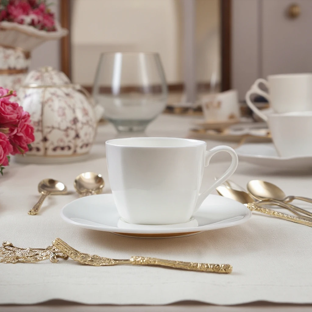 AOOSY Bone China Square Coffee and Tea Cup,250ml Pure White Teacup With Saucer Set