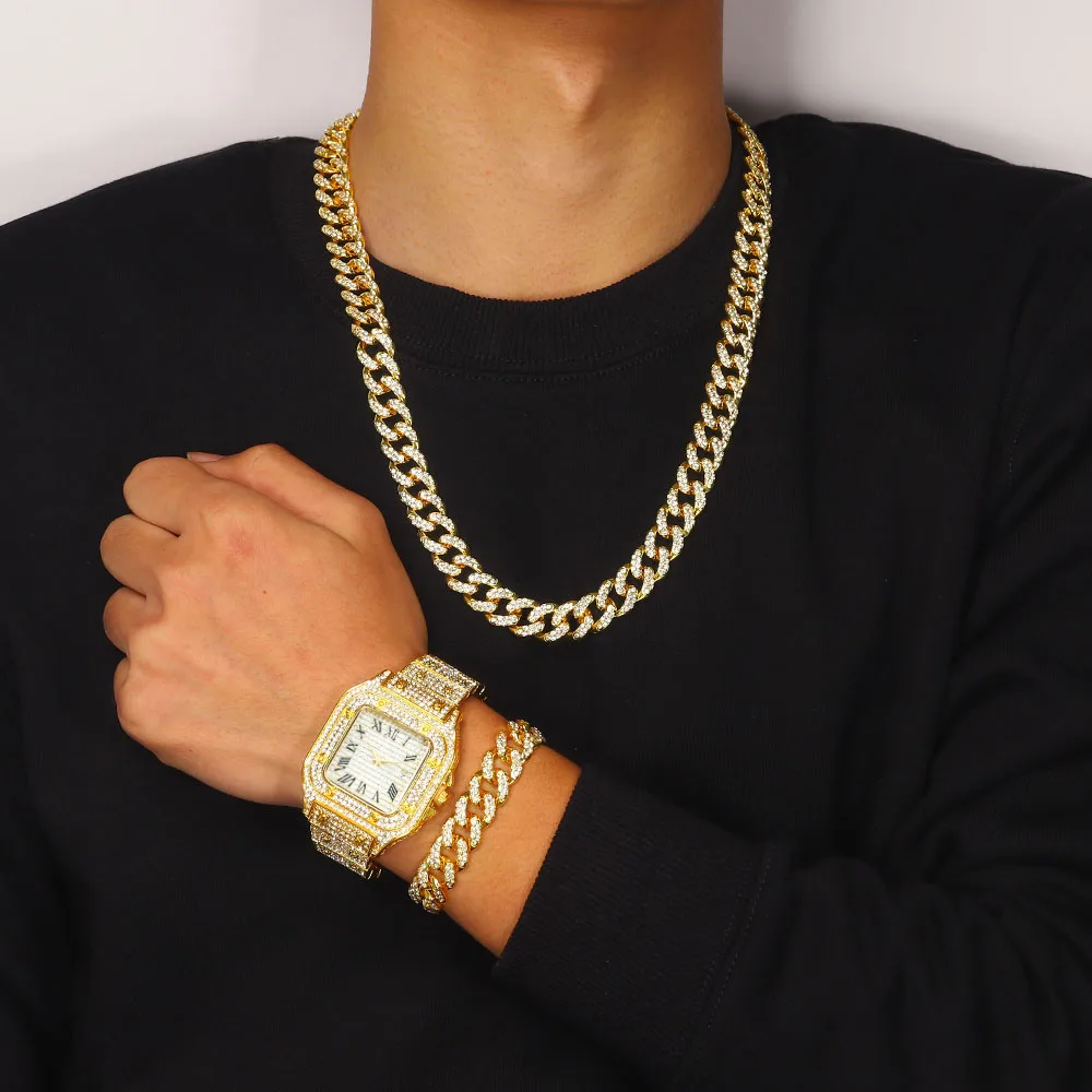 Men Hip hop Watch jewelry sets Iced Out watch for men Cuban Chain Necklace bracelet set Miami Cuban Chain Watches Christmas Gift