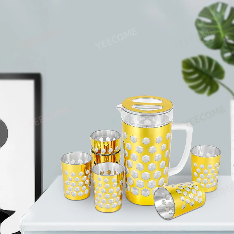 Custom Logo Food Frade Water Jug  7 Piece PS BPA FREE Tea Pot Golden Printing Water Pitcher